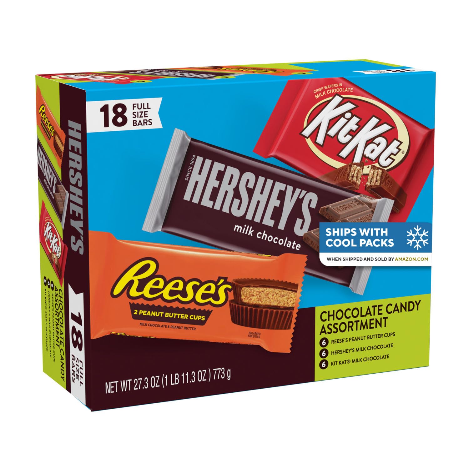 HERSHEY'S, KIT KAT and REESE'S Assorted Milk Chocolate Candy Variety Box, 27.3 oz (18 Count)