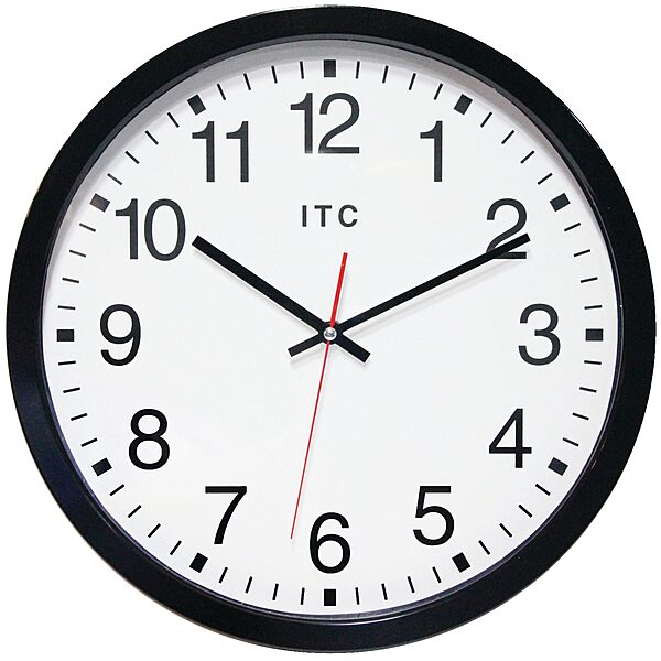 Infinity Instruments 14 inch Shatter Resistant Round Non-Ticking Silent Battery Operated Easy to Read Clock for Office, Classroom, School, Black/Clear