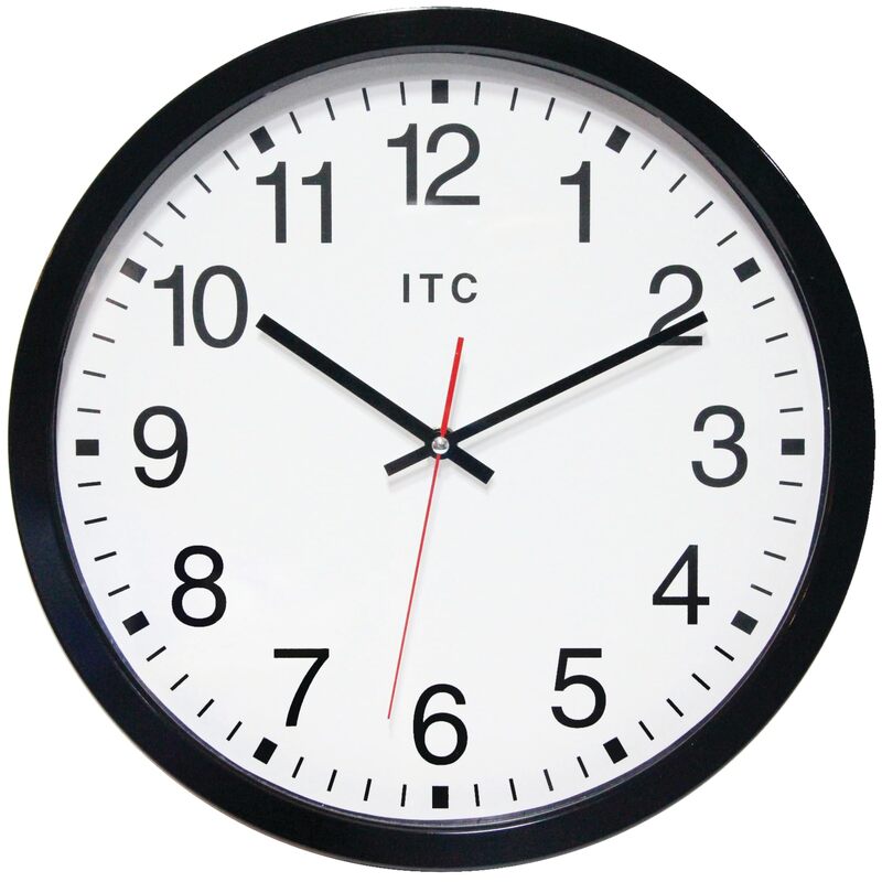 Infinity Instruments 14 inch Shatter Resistant Round Non-Ticking Silent Battery Operated Easy to Read Clock for Office, Classroom, School, Black/Clear