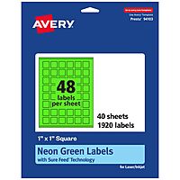 Avery Printable Square Labels, Sure Feed Technology, 1" x 1", Neon Green, Print-to-the-Edge, Laser/Inkjet Printable