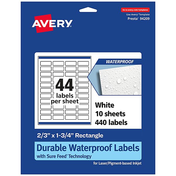 Avery Durable Waterproof Rectangle Labels, Sure Feed Technology, 2/3" x 1-3/4"