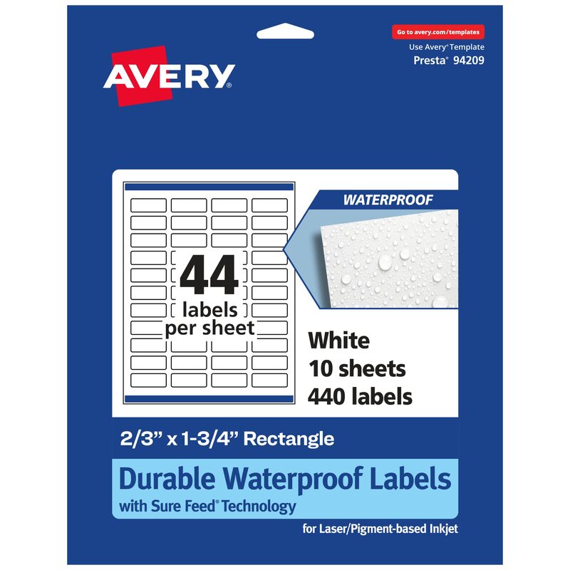 Avery Durable Waterproof Rectangle Labels, Sure Feed Technology, 2/3" x 1-3/4"