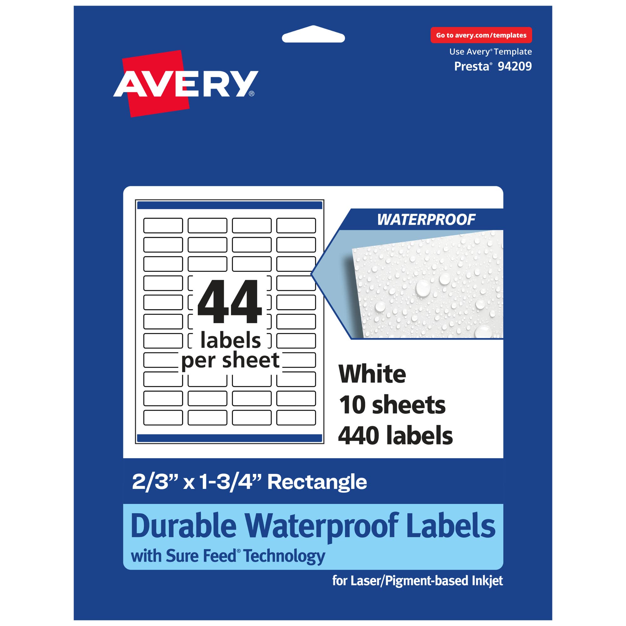 Avery Durable Waterproof Rectangle Labels, Sure Feed Technology, 2/3" x 1-3/4"