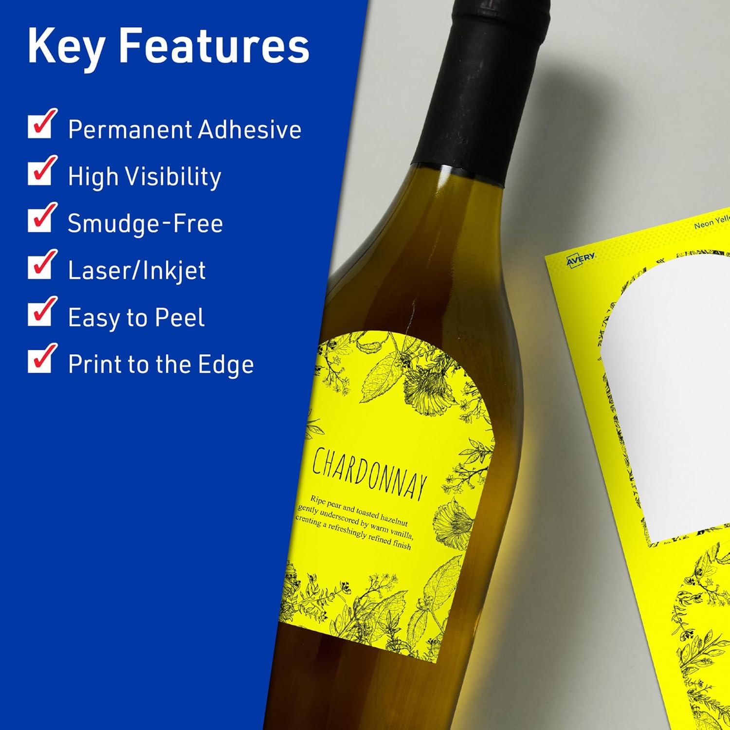 Avery Printable Arched Labels, Sure Feed Technology, 4.75" x 3.5", Neon Yellow Labels, Print-to-The-Edge, Laser/Inkjet Printable, 40 Total, Great for Shipping and Wine Bottles 40 labels