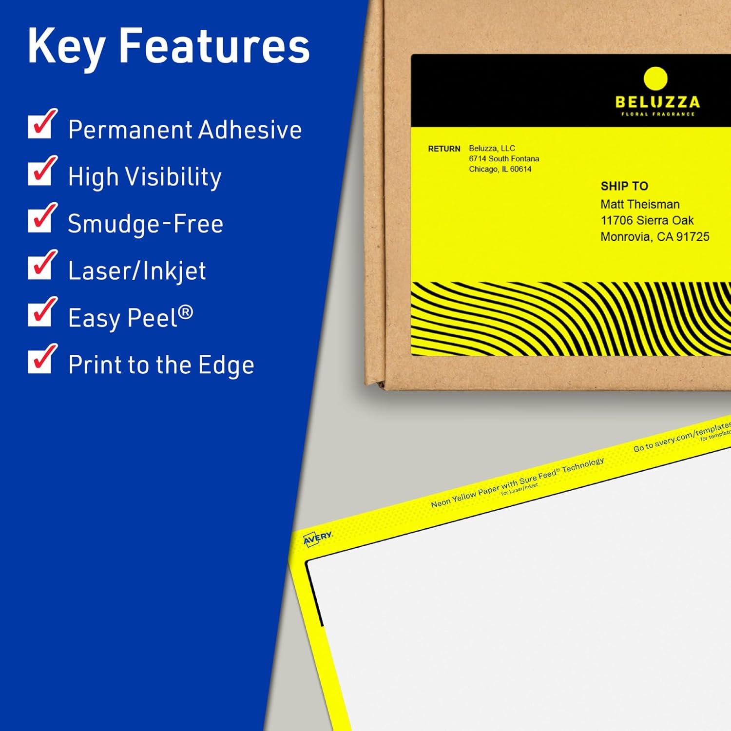 Avery Printable Rectangle Labels, Sure Feed Technology, 4-3/4" x 7-3/4", Neon Yellow Labels, Print-to-The-Edge