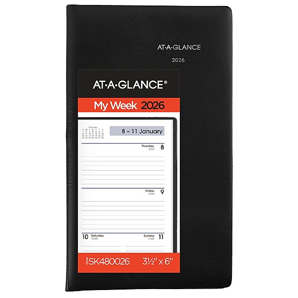 AT-A-GLANCE 2026 Planner, Weekly, 3-1/2" x 6", Pocket Size, Open Scheduling, DayMinder, Black (SK480026)