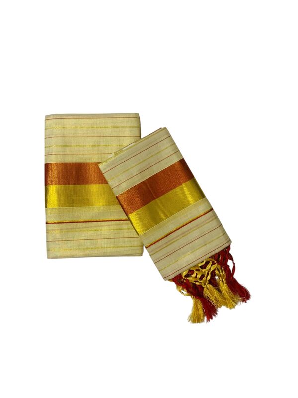 Women's Kuthampully Kerala Kasavu Set mundu Tissue with Kunjam | Kerala Tissue set mundu latest collections | Kuthampully Stripe Kasavu set mundu - Multi color KTM-902 (Copper-Gold)