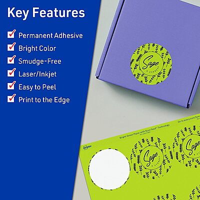 Avery Printable Round Labels, Sure Feed Technology, 2-1/2" Diameter, Bright Green, Print-to-the-Edge, Laser/Inkjet Printable
