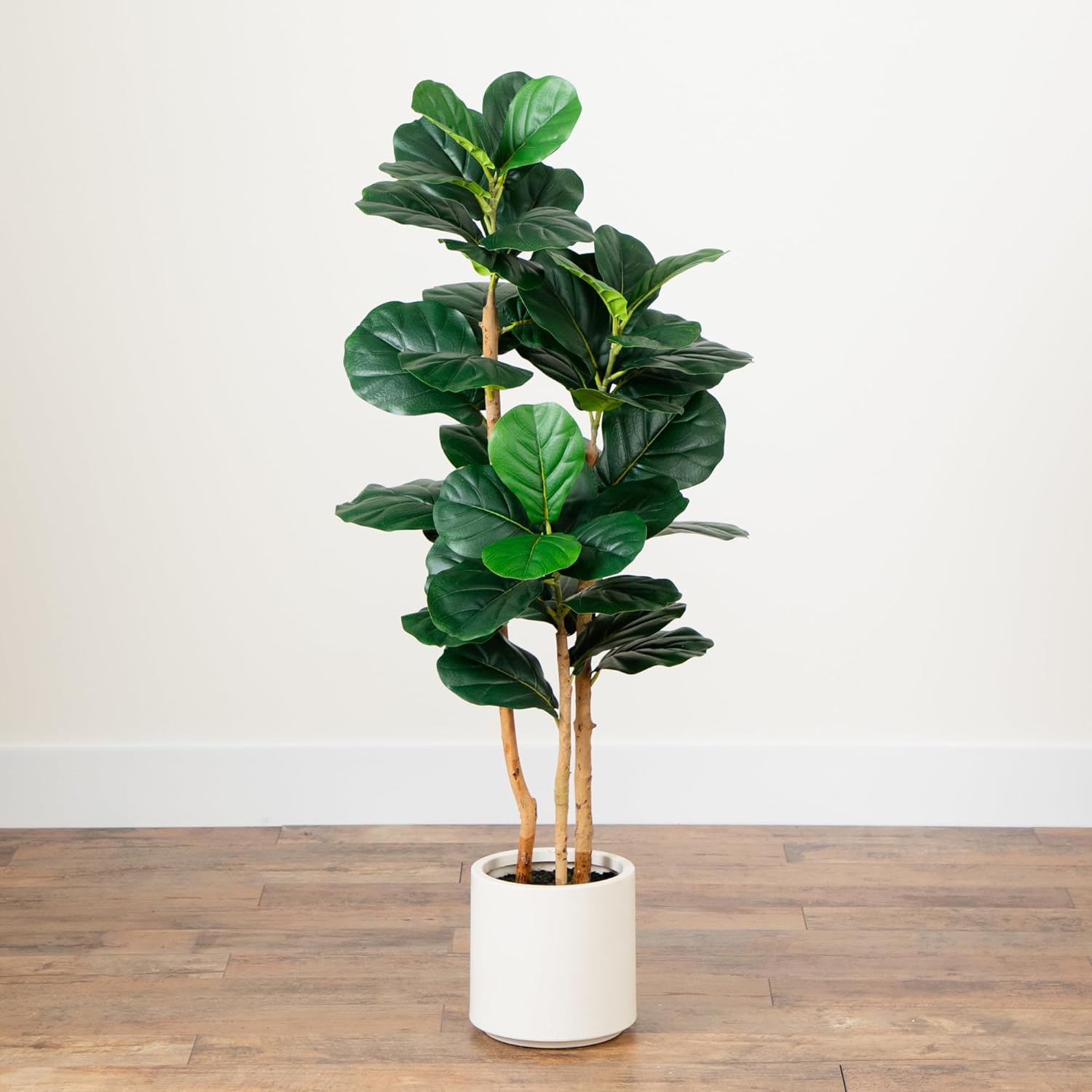 Nearly Natural 4'H Artificial Fiddle Leaf Tree With Decorative Planter, 48inH x 18inW x 18inD, Green/White