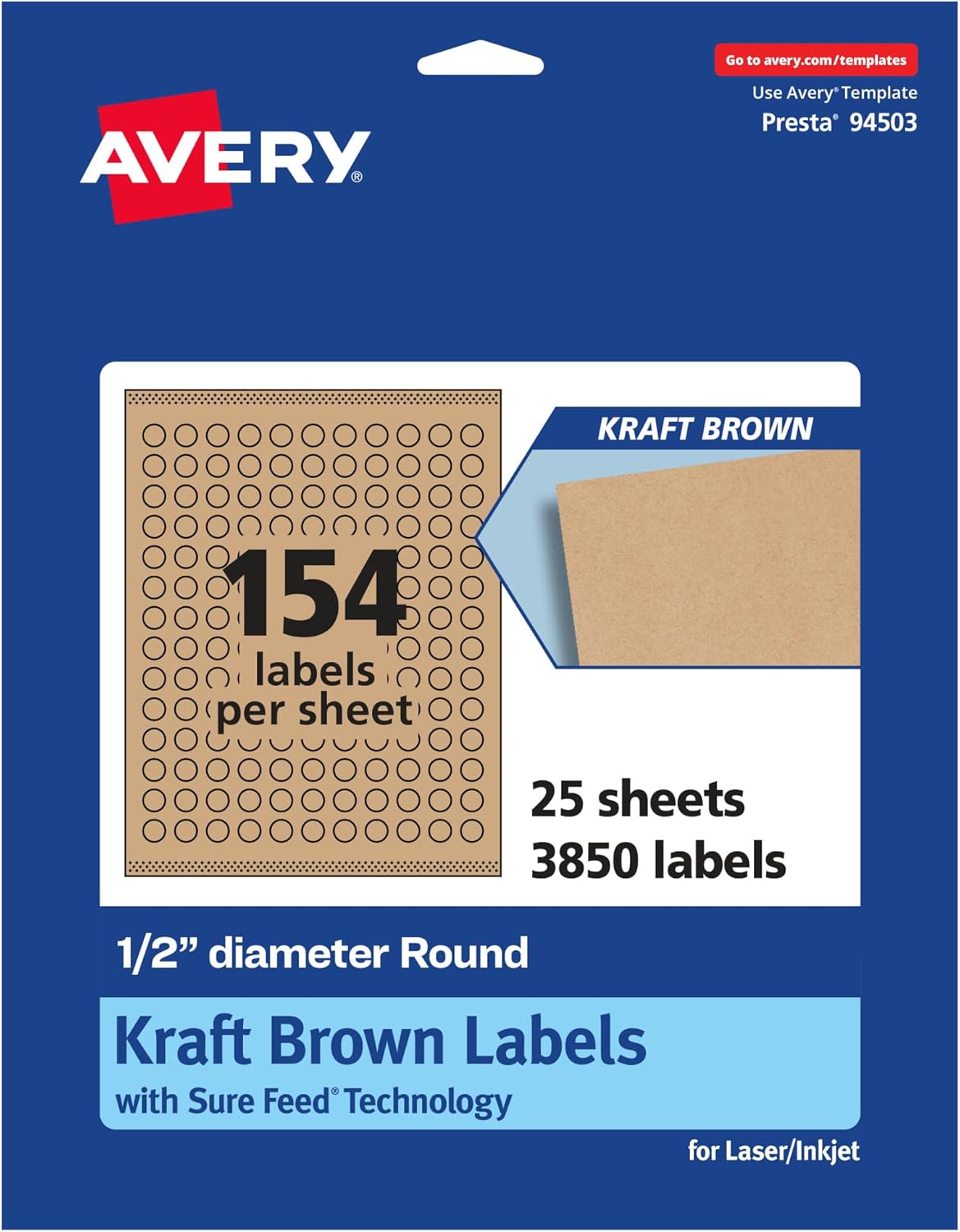 Avery Kraft Brown Round Labels, Sure Feed Technology, 0.5" Diameter