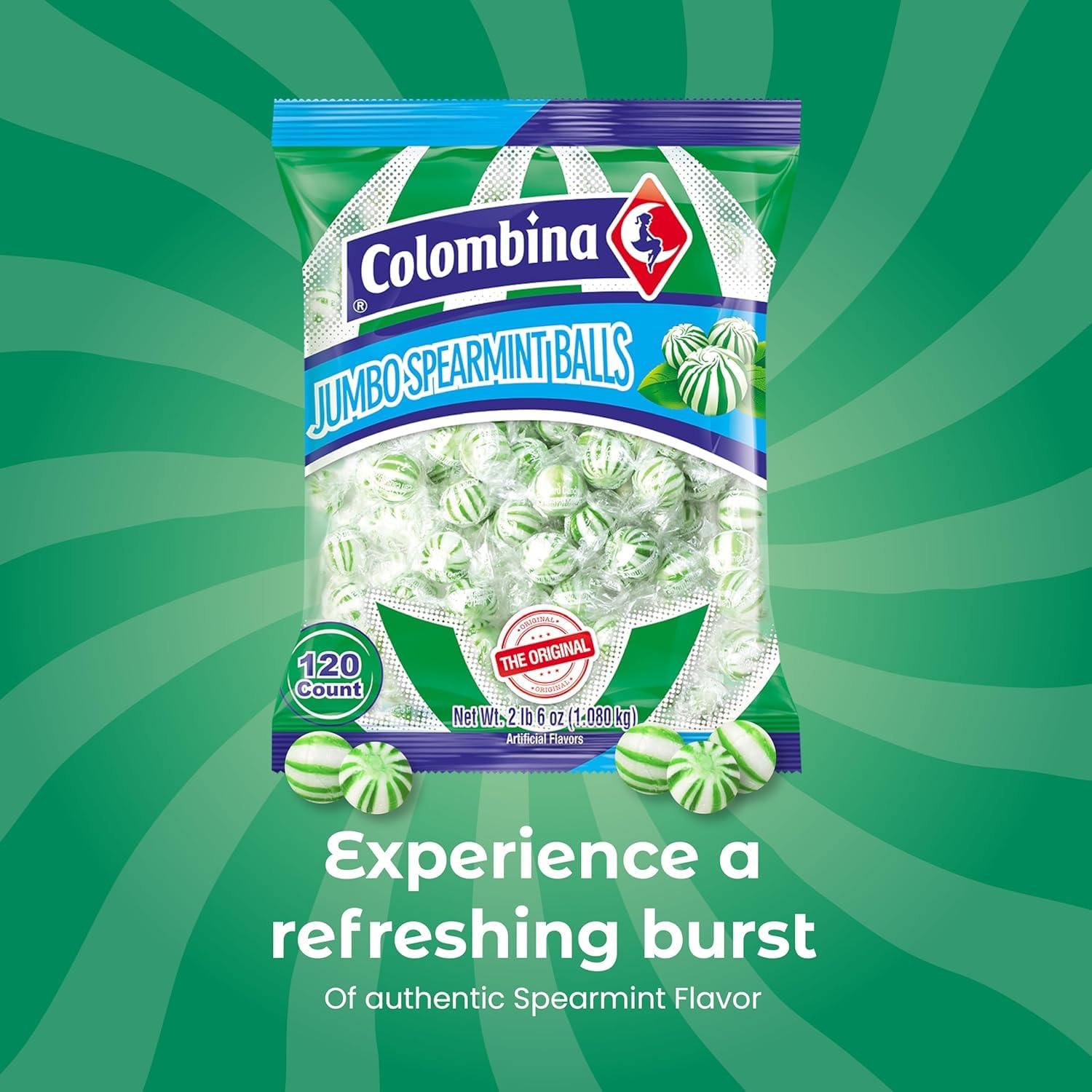 Colombina Jumbo Spearmint Balls, Individually Wrapped Natural Spearmint Flavored Candy, Ideal for Halloween and Christmas