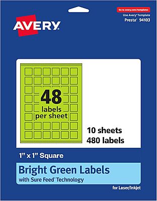 Avery Printable Square Labels, Sure Feed Technology, 1" x 1", Bright Green, Print-to-The-Edge, Laser/Inkjet Printable