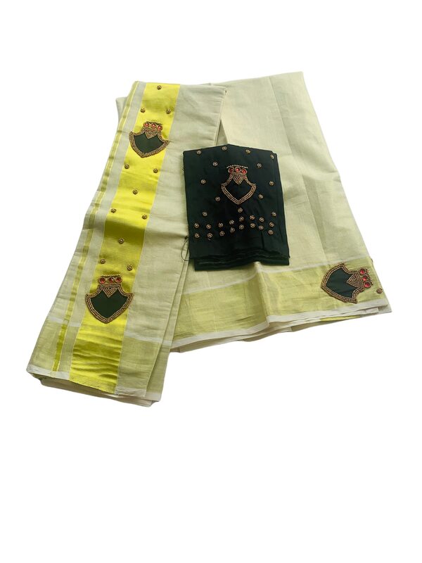 ALLUVY Kuthampully Kerala Kasavu Set Mundu For Women | Handcrafted Aari work Kerala Set Mundu | Tissue Onam Set Mundu With Blouse | Women's Zari Kasavu | EKM-598 (Black)