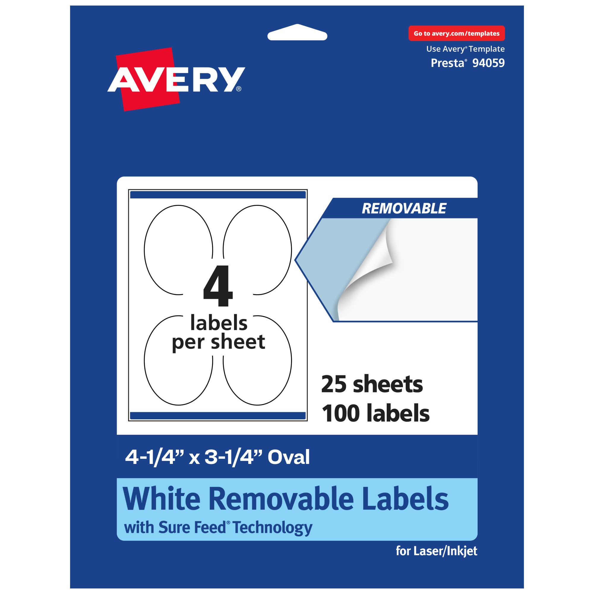 Avery Matte White Removable Oval Labels, Sure Feed Technology, Print-to-The-Edge, 4.25" x 3.25"