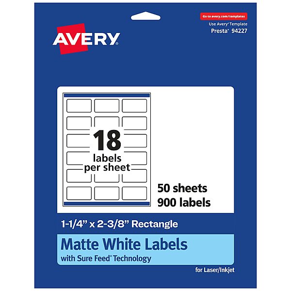 Avery Matte White Rectangle Labels, Sure Feed Technology, 1-1/4" x 2-3/8"