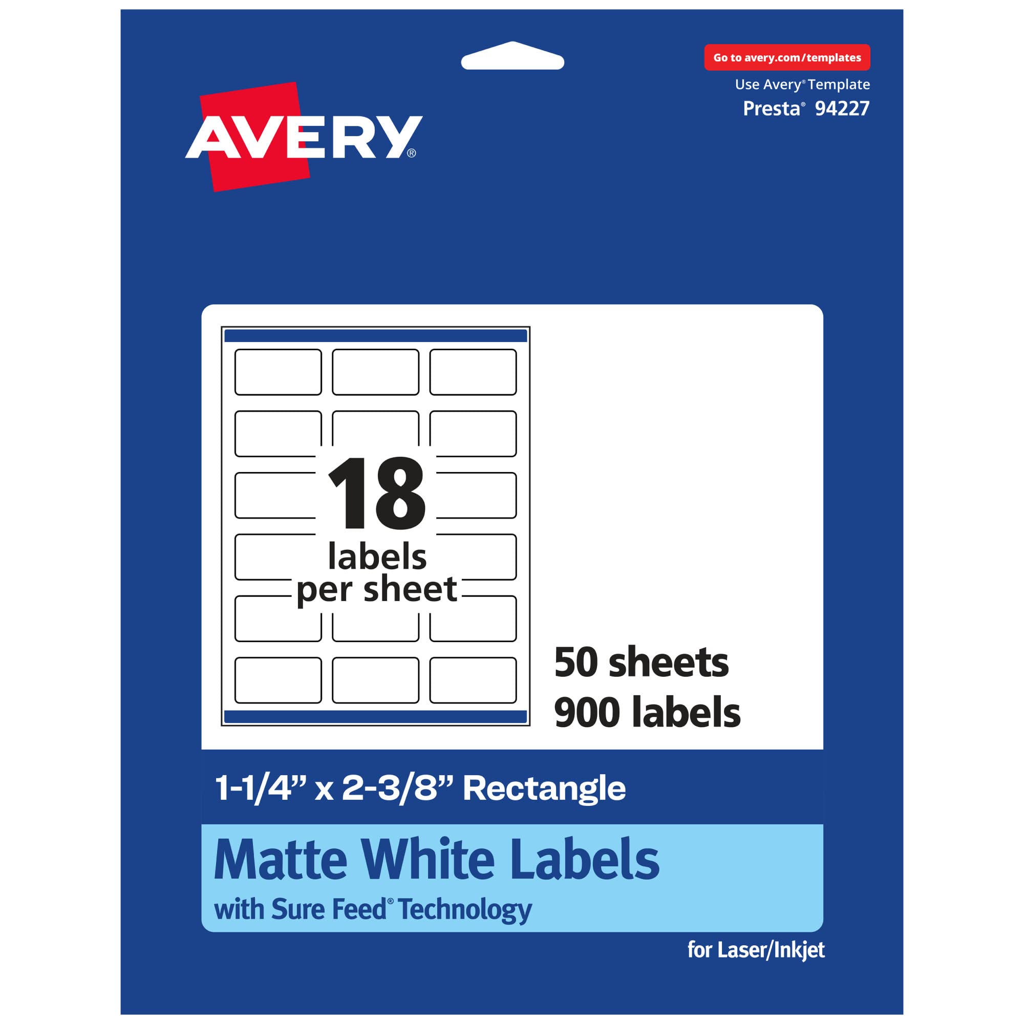 Avery Matte White Rectangle Labels, Sure Feed Technology, 1-1/4" x 2-3/8"