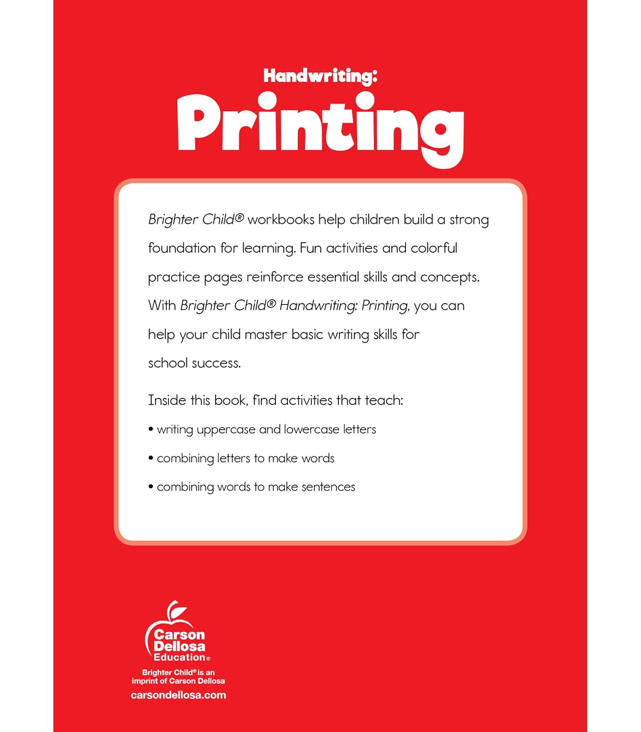 Carson Dellosa K-2 Printing Handwriting Workbook, Writing Book for Kindergarten