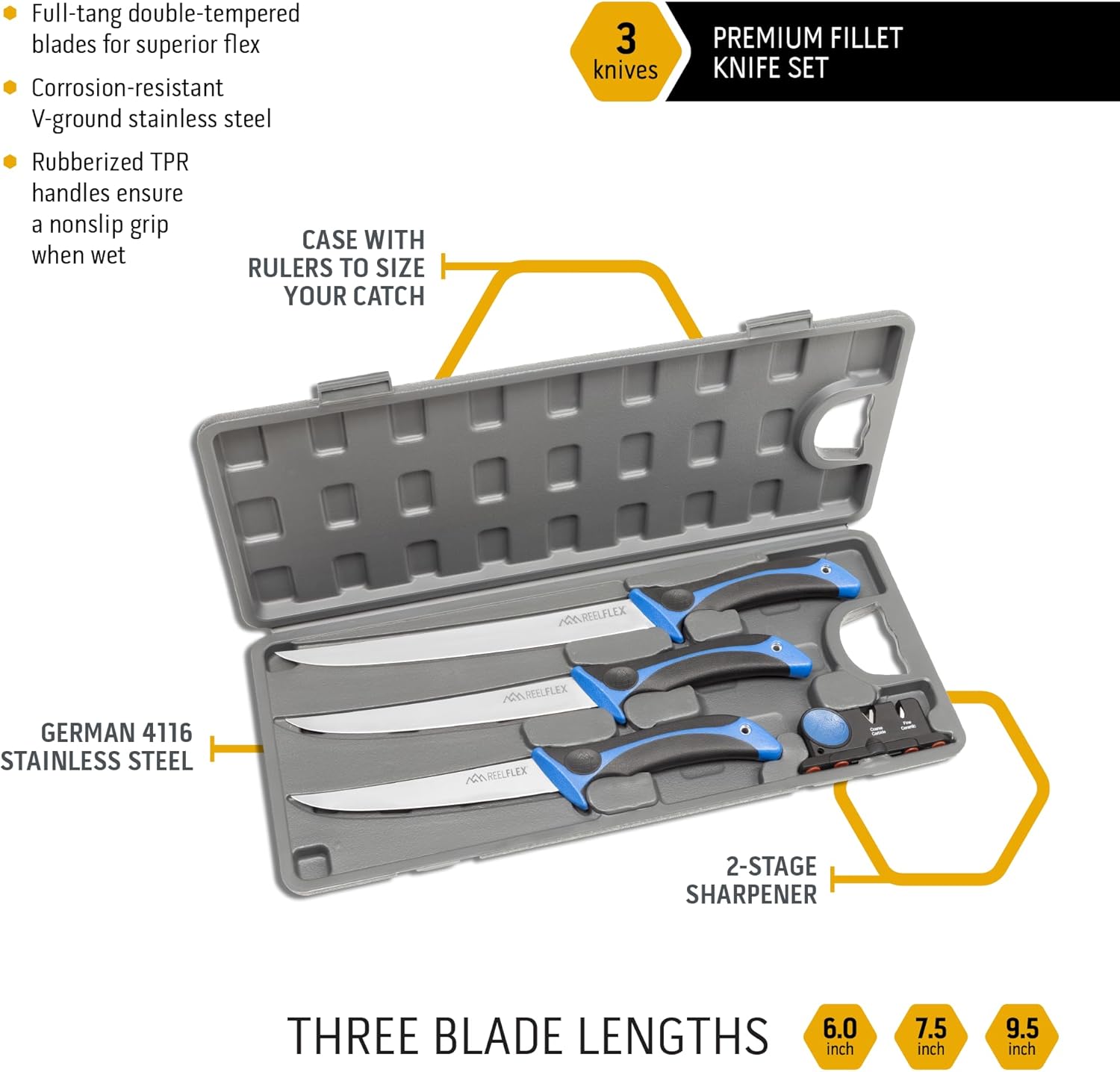 OUTDOOR EDGE Fillet Knife Set | ReelFlex Pak (5-Piece) - 6", 7.5" & 9.5" German Stainless Blades