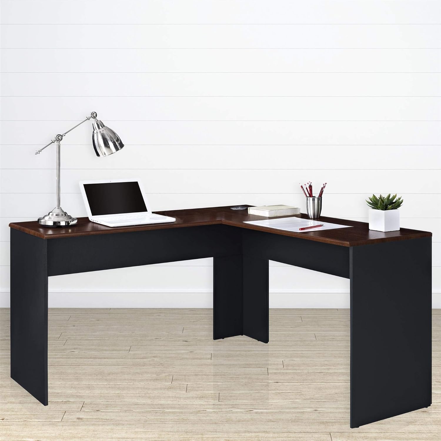 Ameriwood Home The Works 52inW L-Shaped Corner Desk, Cherry/Gray