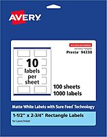 Avery Matte White Rectangle Labels, Sure Feed Technology, 1.5" x 2.75"