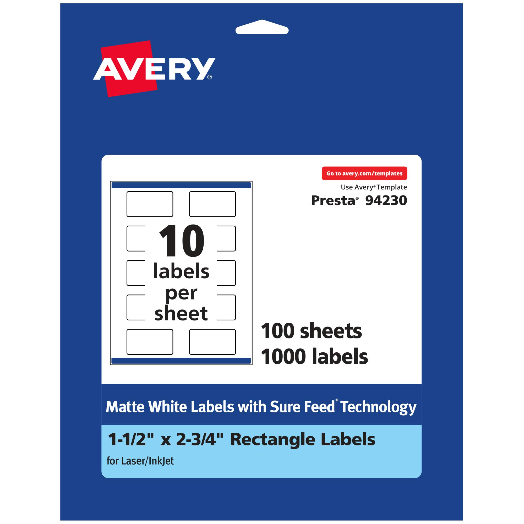 Avery Matte White Rectangle Labels, Sure Feed Technology, 1.5" x 2.75"