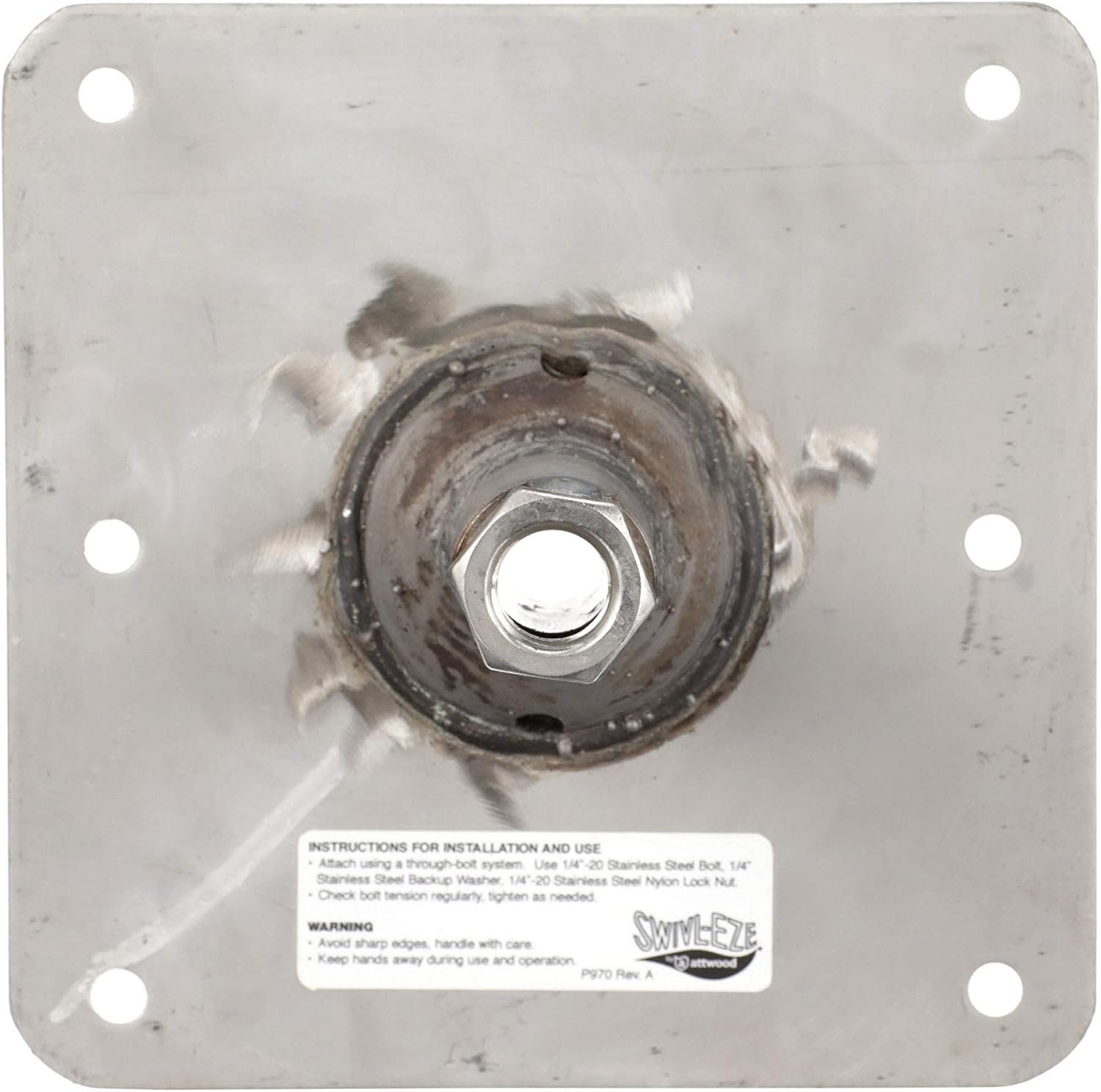 Attwood SP-67739-T Lock’N-Pin ¾-Inch Pin Base — 7x7-Inch Base, Threaded, Acetal Bushing, Pre-Drilled for Mounting,Silver