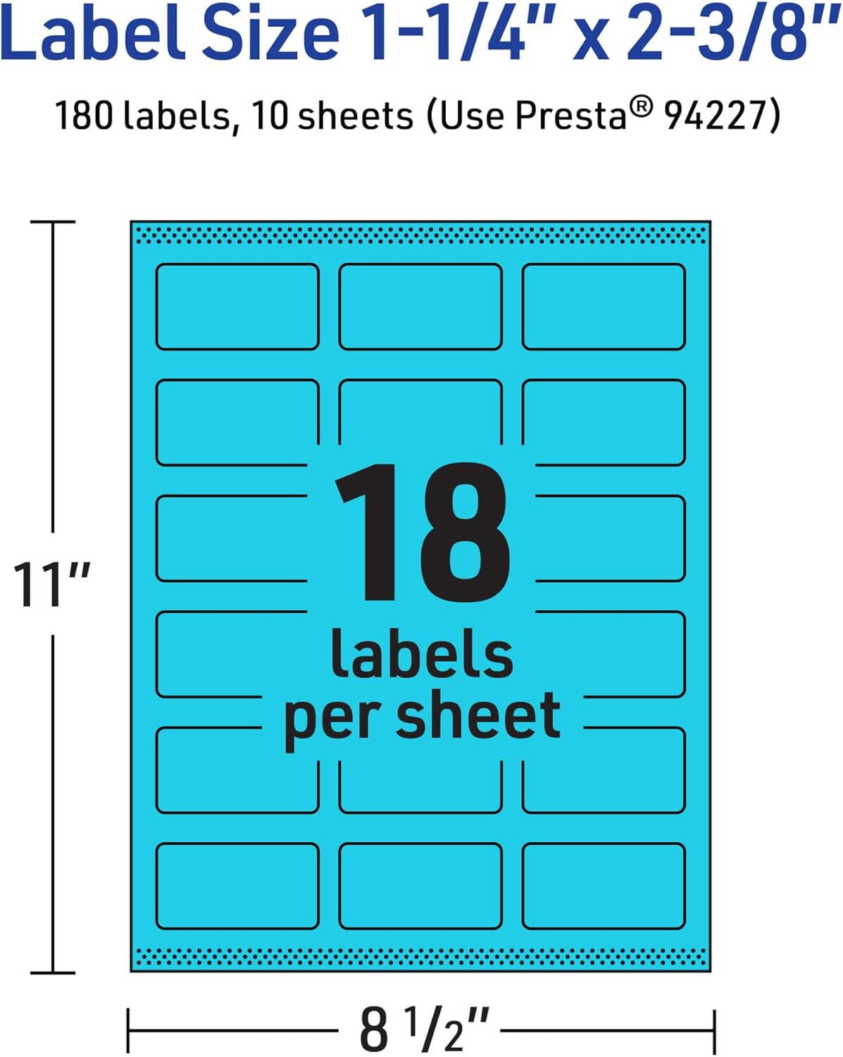 Avery Printable Rectangle Labels, Sure Feed Technology, 1-1/4" x 2-3/8", Bright Blue Labels, Print-to-The-Edge