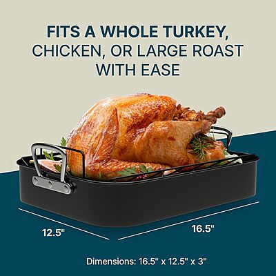 Gibson Home French Roaster 2 Piece Carbon Steel Indoor Oven Baking Roasting Non Stick Turkey Chicken with Roast V Rack, Black