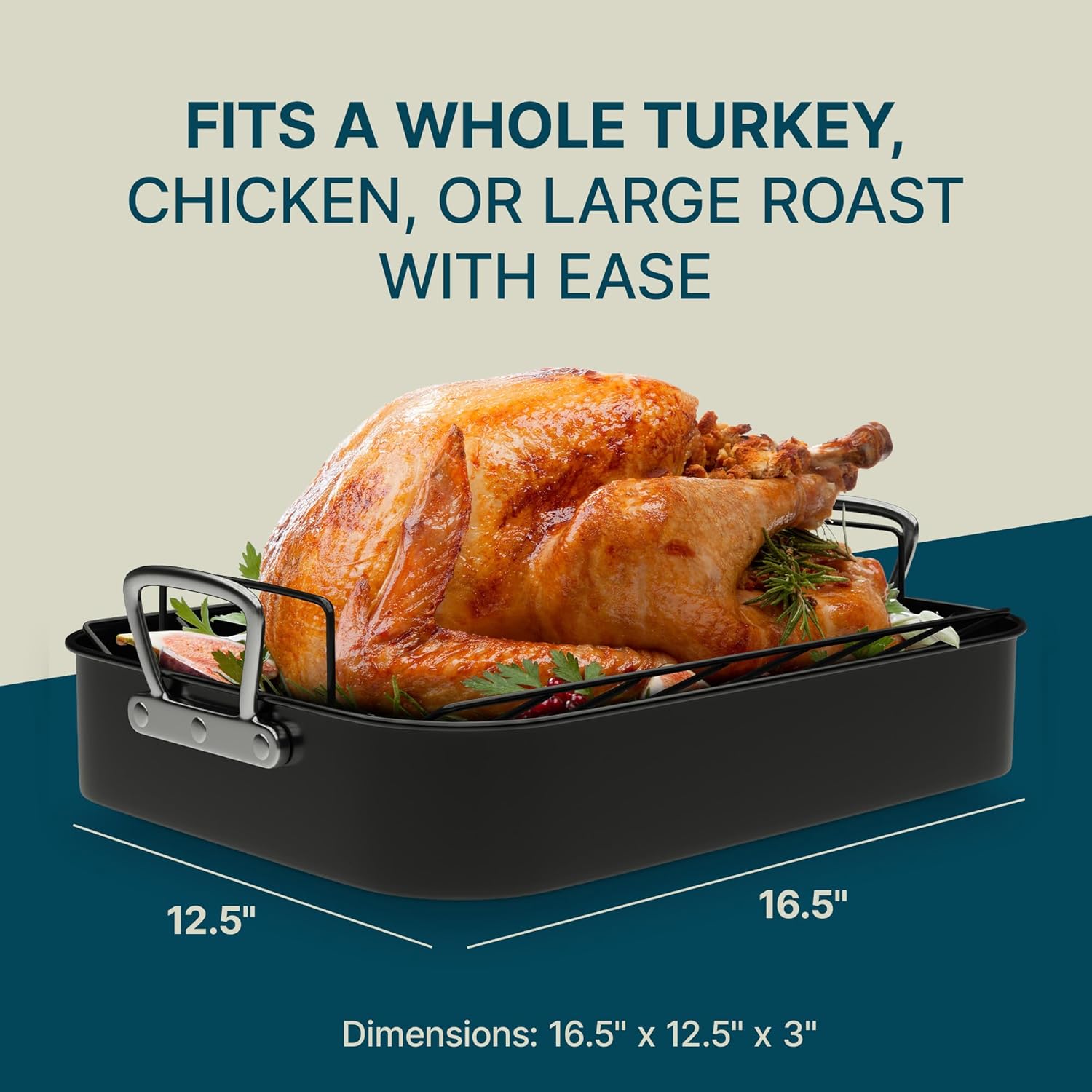 Gibson Home French Roaster 2 Piece Carbon Steel Indoor Oven Baking Roasting Non Stick Turkey Chicken with Roast V Rack, Black