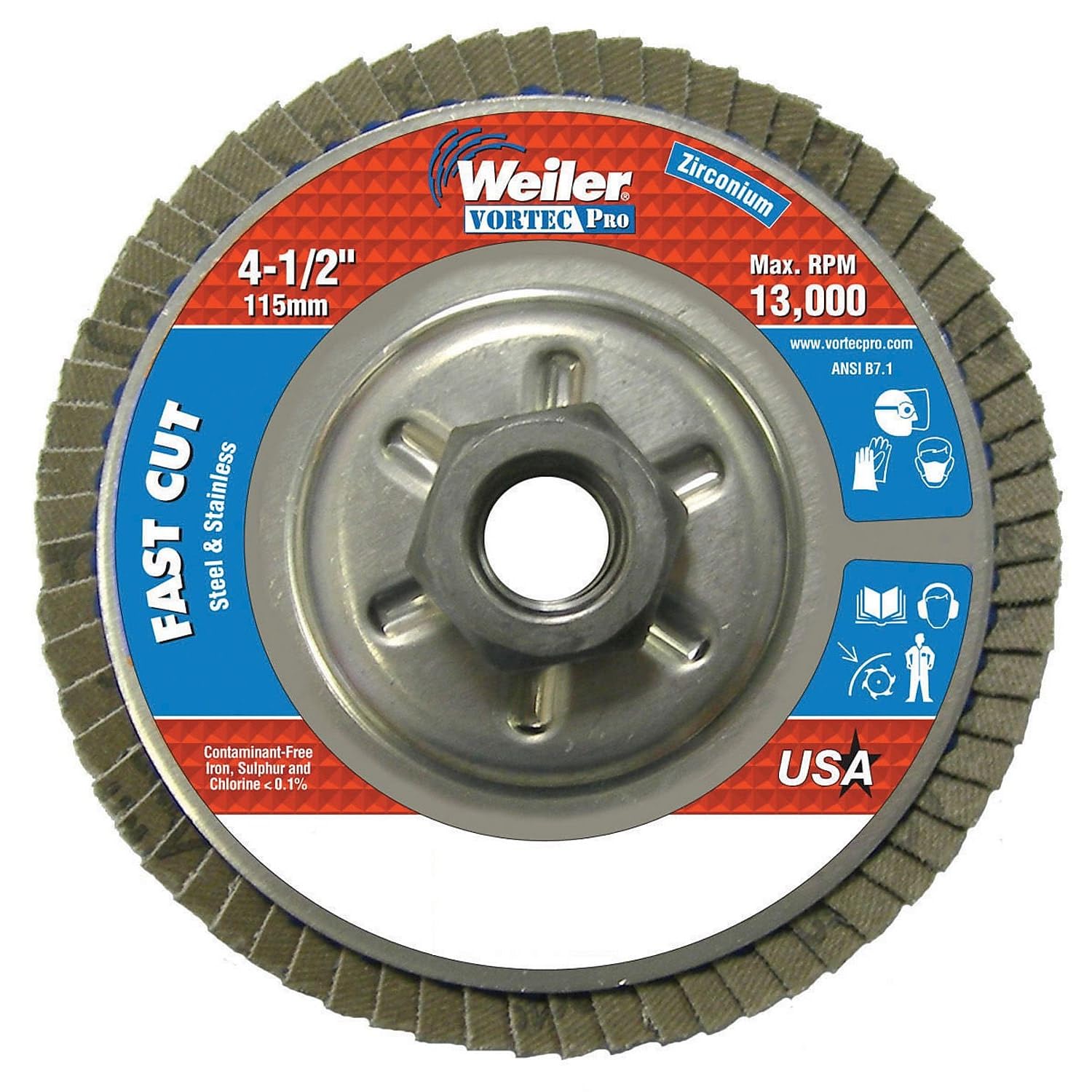 Weiler 804-31316 Vortec Pro Type 29 Flap Disc, Zirconia Alumina, 4.5in, 80 Grit, 5/8-11 UNC, 13000 RPM