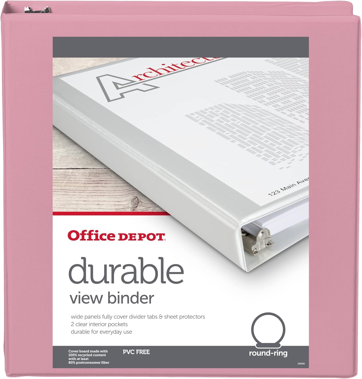 Office Depot® Brand 3-Ring Durable View Binder, 1-1/2" Round Rings, Pink