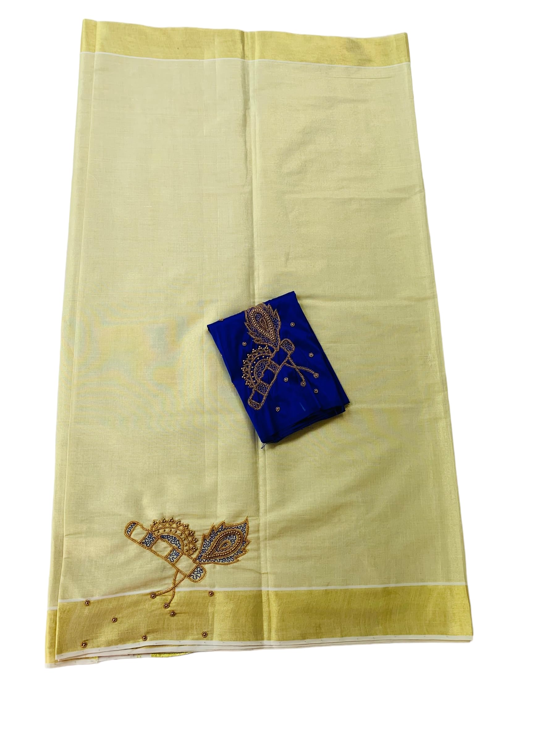 Kuthampully Kerala Kasavu Sarees For Women | Handcrafted Aari work Kerala Sarees | Tissue Onam Saree With Running Blouse | South Indian Sarees | Onam Saree - EKM-784 (Blue)