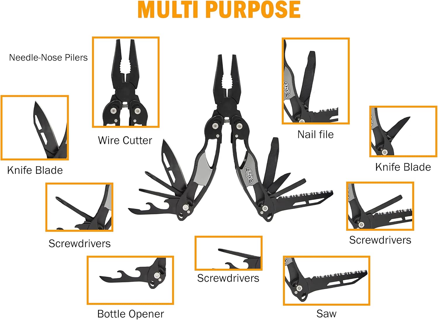 UZI UZI-GS-001 Survival Tactical Combo Pack with Multi-Tool Pliers and Keychain, Black