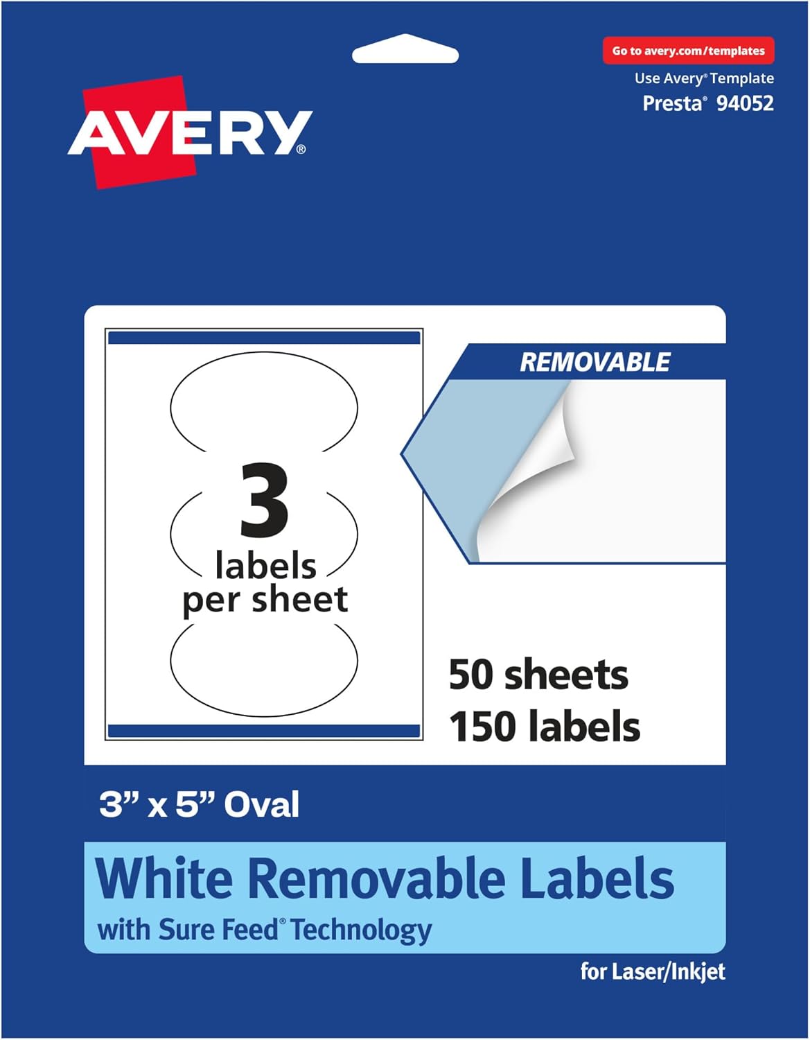 Avery Matte White Removable Oval Labels, Sure Feed, 3" x 5"
