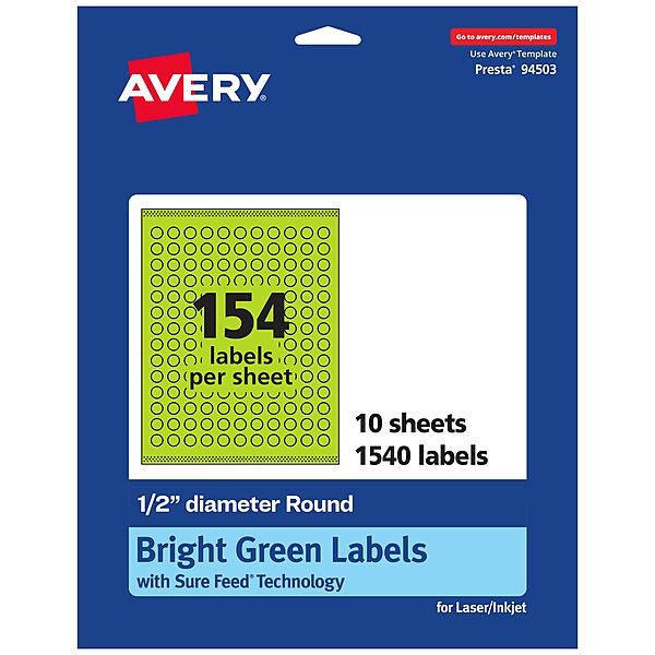 Avery Printable Round Labels, Sure Feed Technology, 1/2" Diameter, Bright Green, Print-to-The-Edge, Laser/Inkjet