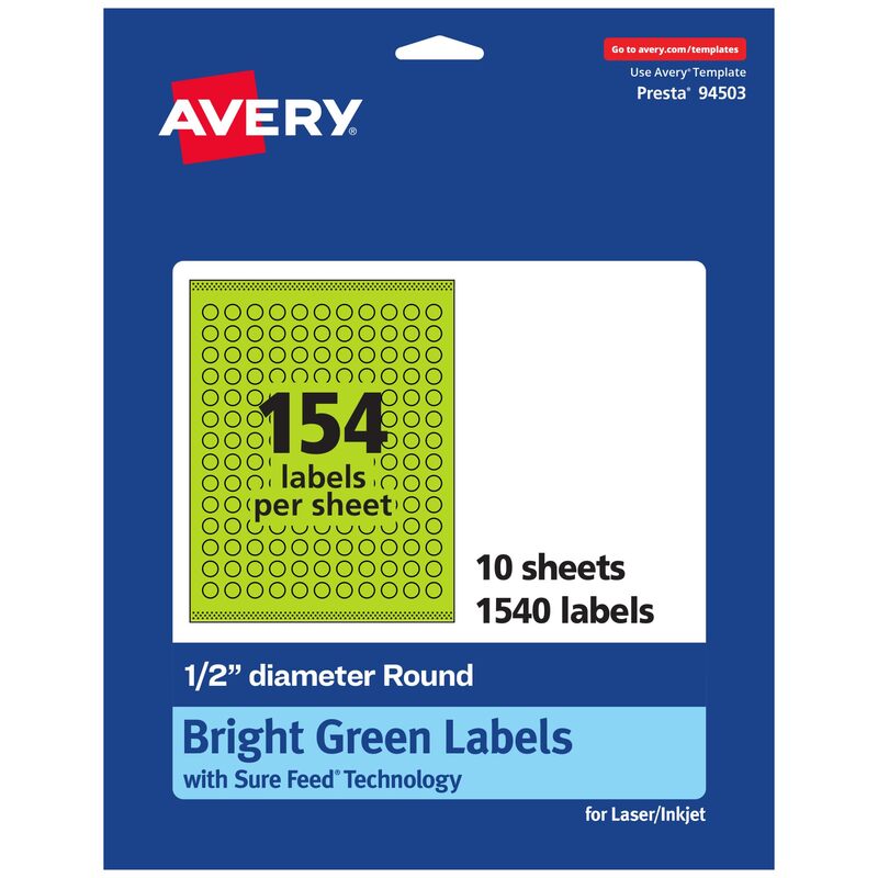 Avery Printable Round Labels, Sure Feed Technology, 1/2" Diameter, Bright Green, Print-to-The-Edge, Laser/Inkjet