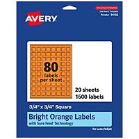 Avery Printable Square Labels, Sure Feed Technology, 3/4" x 3/4", Bright Orange, Print-to-The-Edge, Laser/Inkjet