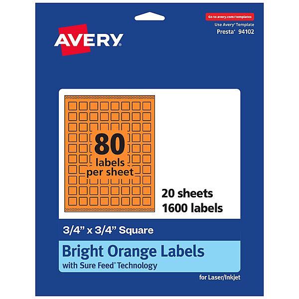Avery Printable Square Labels, Sure Feed Technology, 3/4" x 3/4", Bright Orange, Print-to-The-Edge, Laser/Inkjet