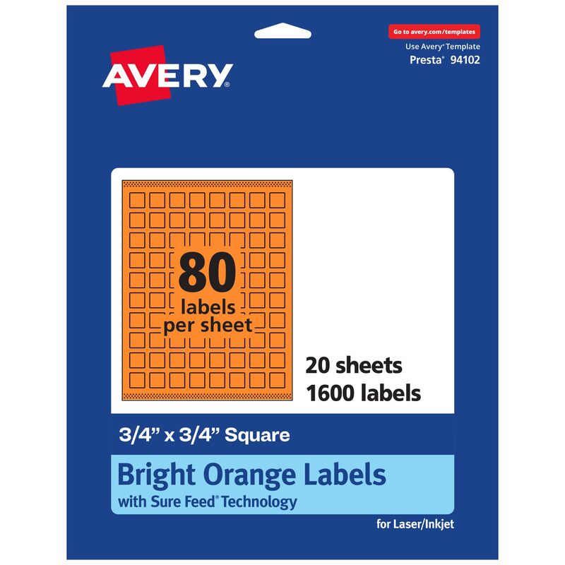 Avery Printable Square Labels, Sure Feed Technology, 3/4" x 3/4", Bright Orange, Print-to-The-Edge, Laser/Inkjet