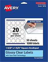 Avery Glossy Clear Square Scalloped Labels, Sure Feed Technology, 1-5/8" x 1-5/8"