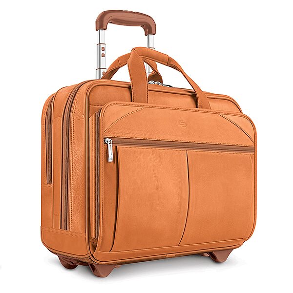 Solo New York Leather Rolling Case with Wheels - Roller Laptop Bag, Wheeled Briefcase for Women & Men, Carry On Size for Travel, Fits 15.6" Computer - Walker, Tan
