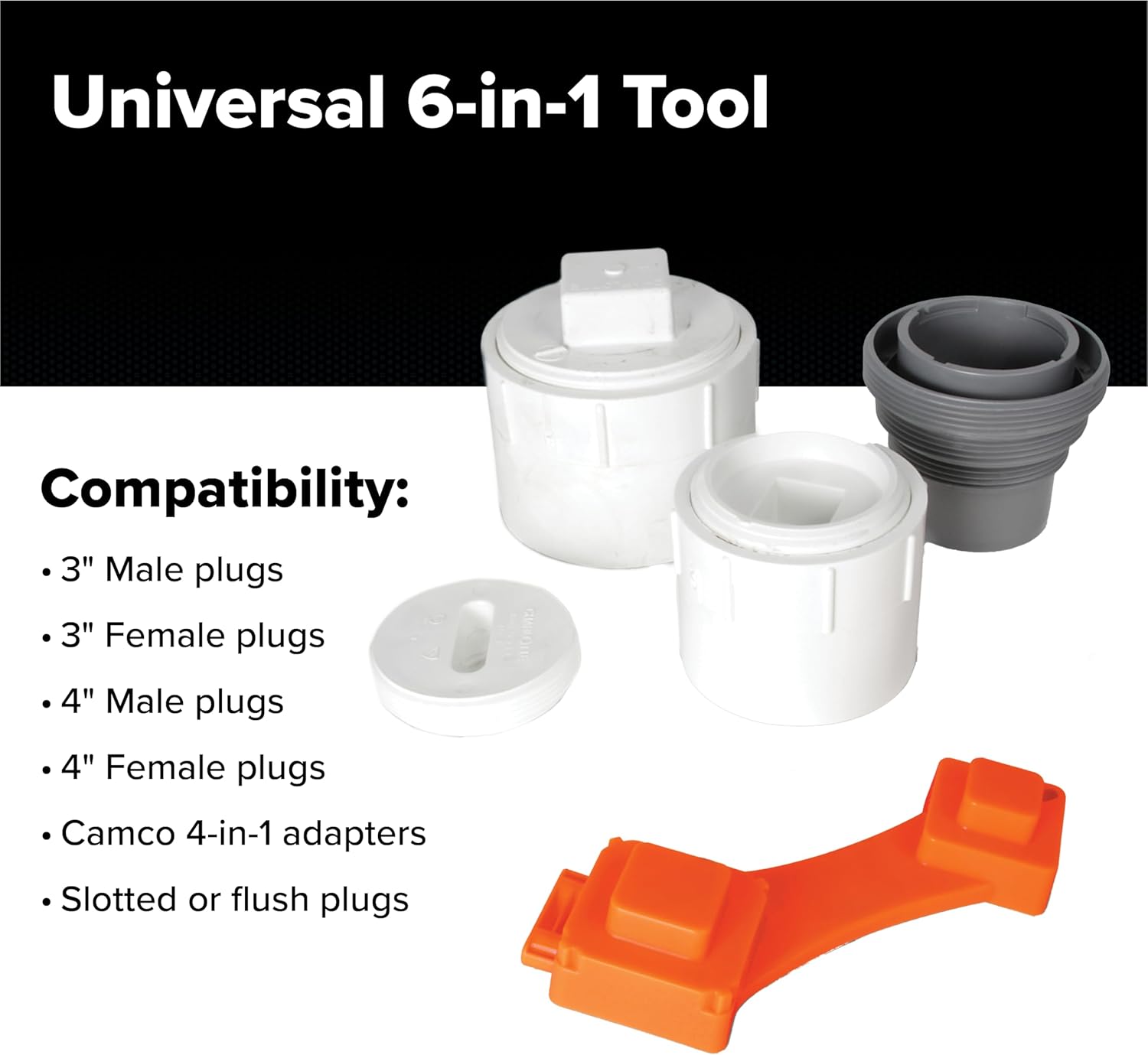 Camco RhinoFLEX 6-in-1 RV Sewer Wrench | Compatible with 3-Inch and 4-Inch Male or Female Sewer Clean-out Plugs