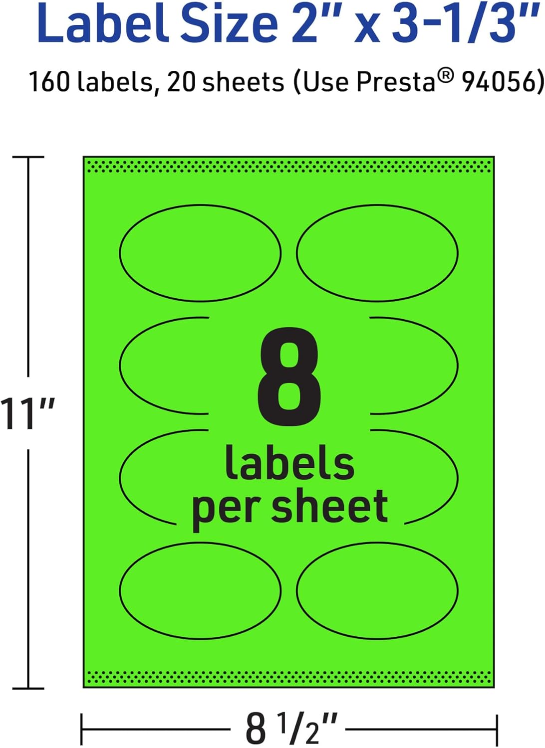 AVERY Neon Green Oval Labels, Sure Feed Technology, 2" x 3-1/3", Print-to-the-Edge, Laser/Inkjet