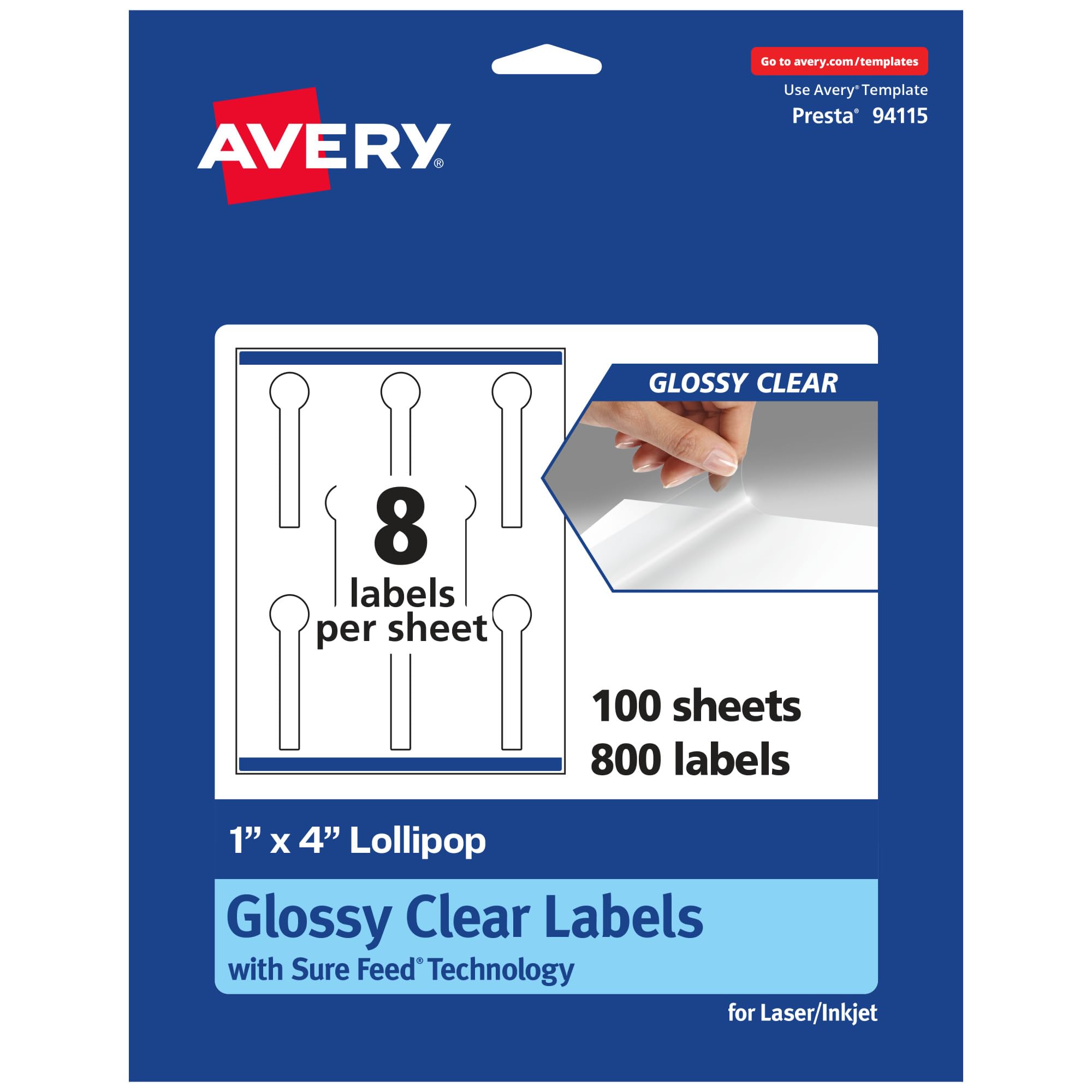AVERY Glossy Clear Lollipop Labels, Sure Feed Technology, 1" x 4", Print-to-the-Edge, Laser/Inkjet Printable