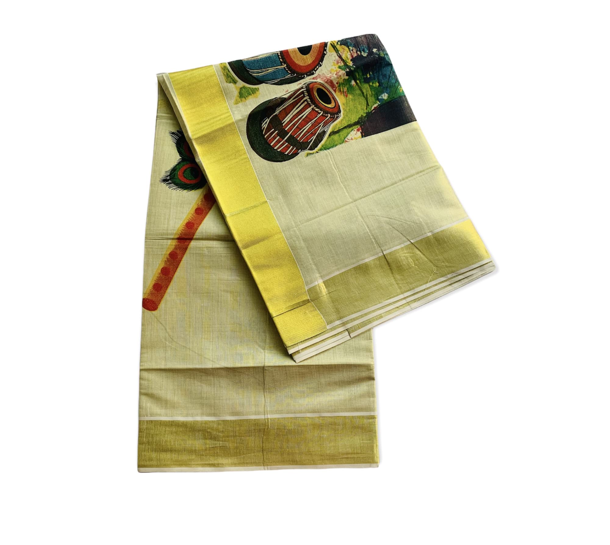 Womens Kuthampully Kerala Kasavu Saree Tissue Mural Painted|Traditional South Indian Saree|Onam Saree - Multi Color Ktm-644