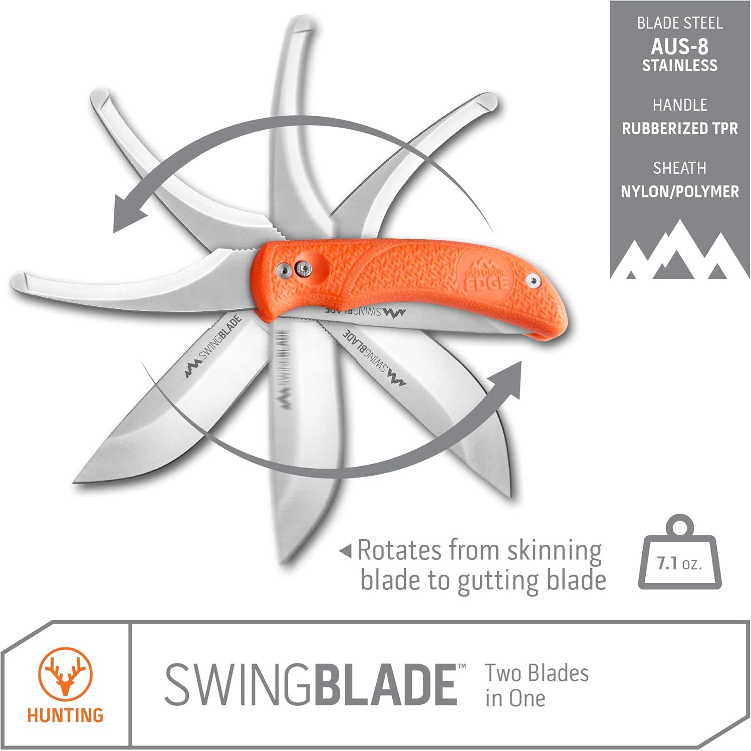 Outdoor Edge Swingblaze Double Blade Hunting Knife with Rotating Skinning & Gutting Blades, Nylon Sheath, (Blaze Orange
