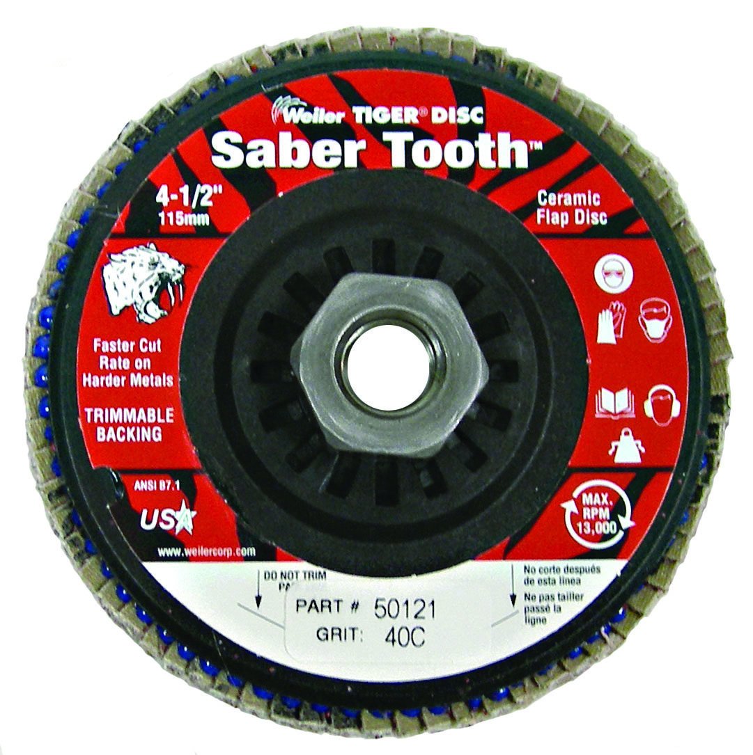 Weiler 804-50121 Saber Tooth Type 29 Angled Flap Disc, Ceramic Grain, 4-1/2", 40 Grit, 5/8"-11" UNC, 13000 rpm