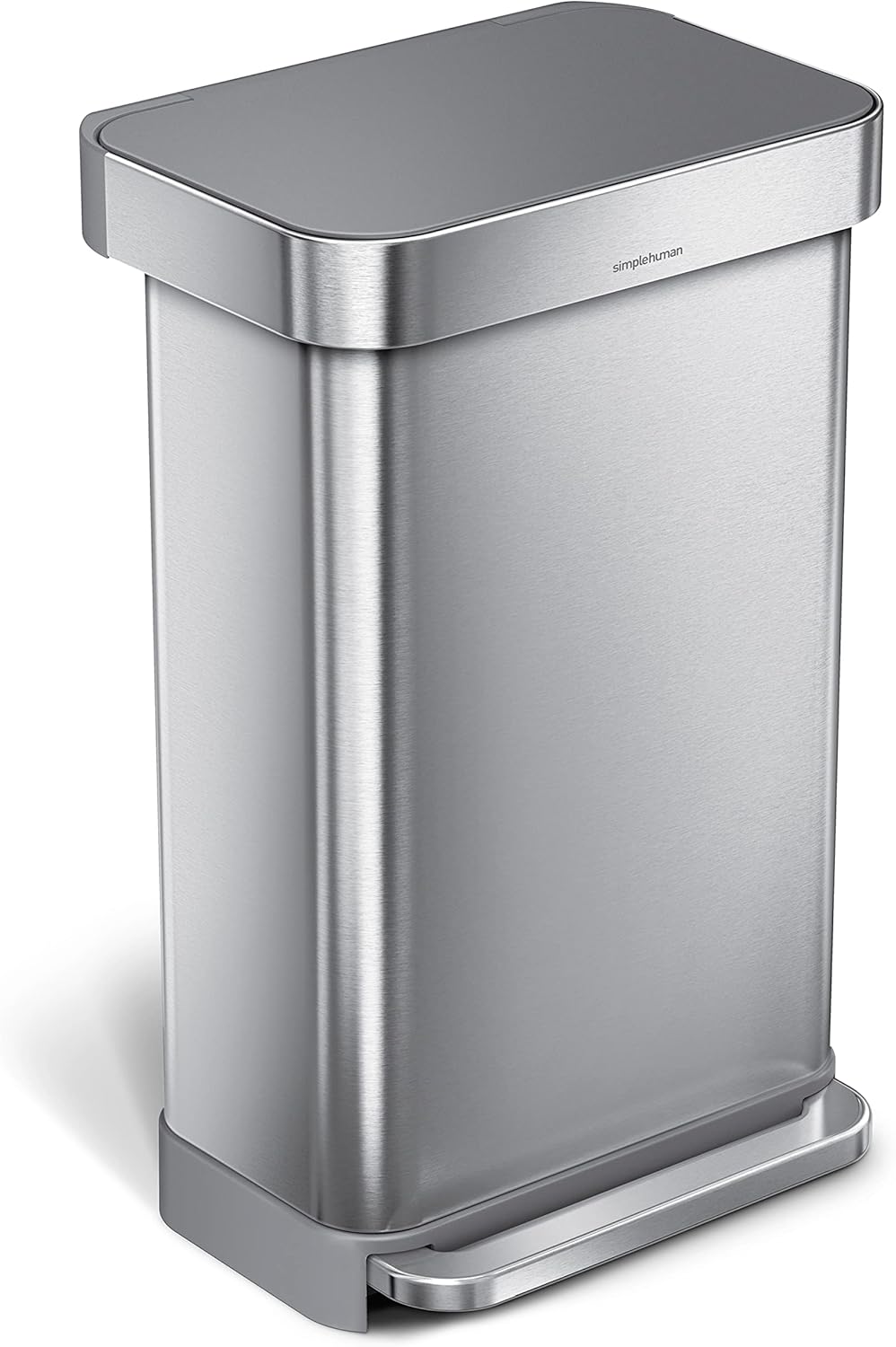 simplehuman 45 Liter / 12 Gallon Liter Rectangular Hands-Free Kitchen Step Trash Can with Soft-Close Lid, Brushed Stainless Steel with Plastic Lid Gray Plastic Lid 45 Liter