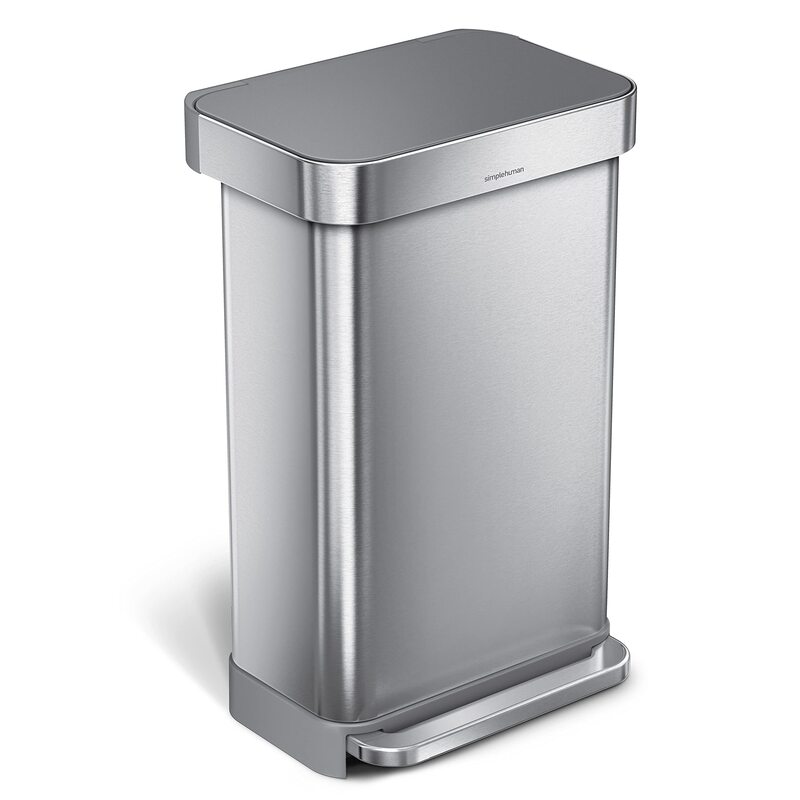 simplehuman 45 Liter / 12 Gallon Liter Rectangular Hands-Free Kitchen Step Trash Can with Soft-Close Lid, Brushed Stainless Steel with Plastic Lid Gray Plastic Lid 45 Liter