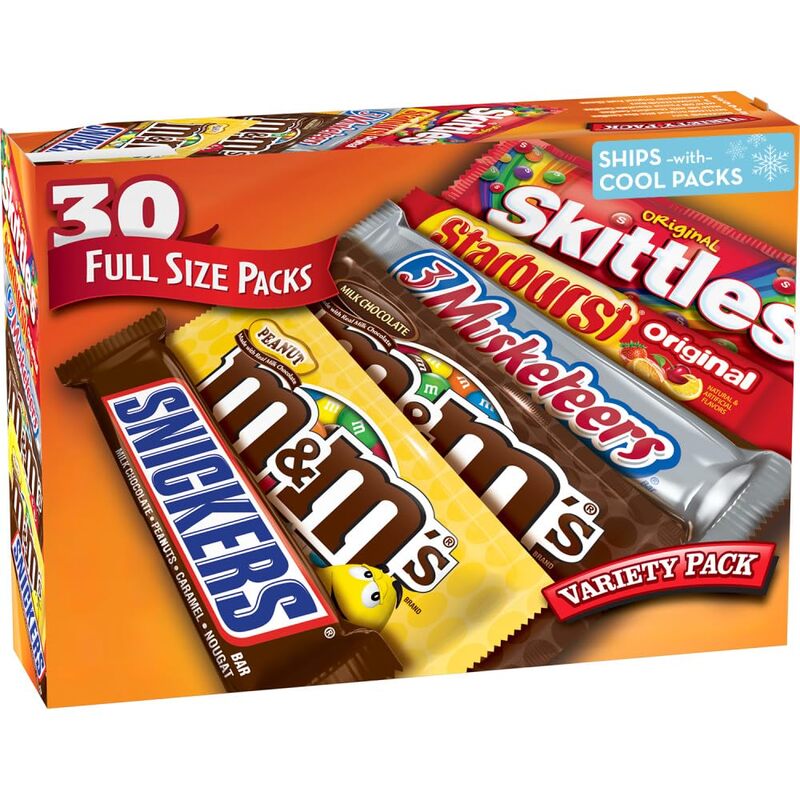 Mars M&M'S, SNICKERS, 3 MUSKETEERS, SKITTLES & STARBURST Variety Pack Full Size Bulk Candy Assortment, 56.11 oz, 30 Count 56.11 Ounce (Pack of 1)